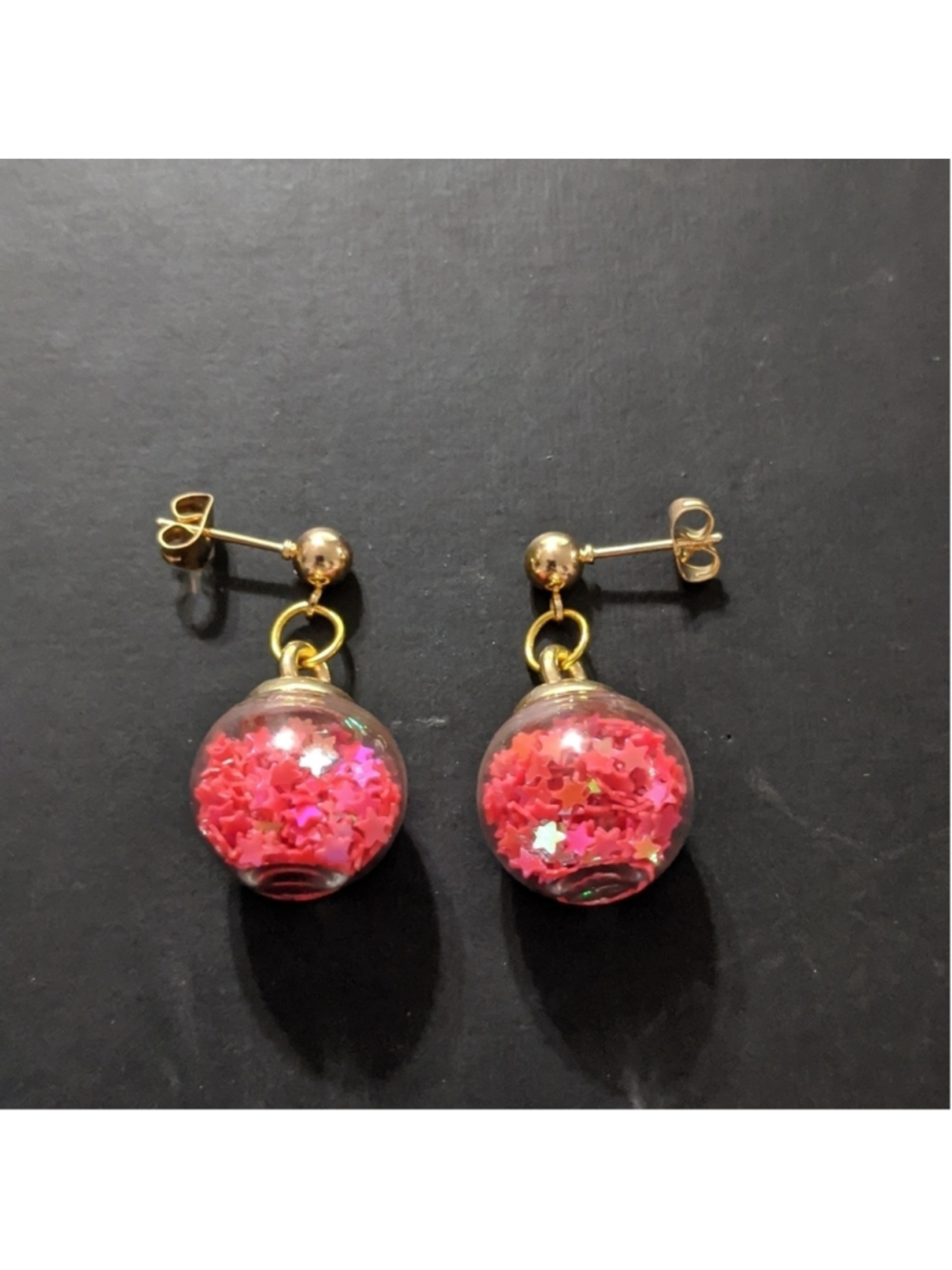 Gold Tone Coral Pink Iridescent Star Filled Balls Dangle Drop Statement Earrings
